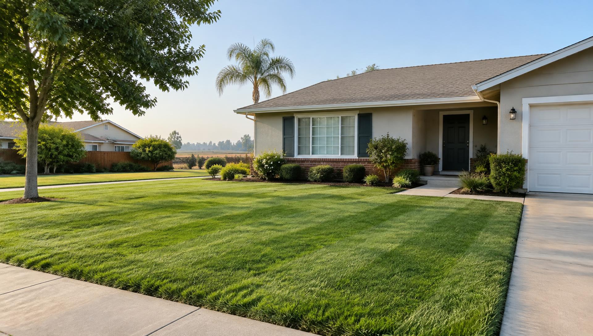 Freshly mowed lawn in front of a Modesto-area home